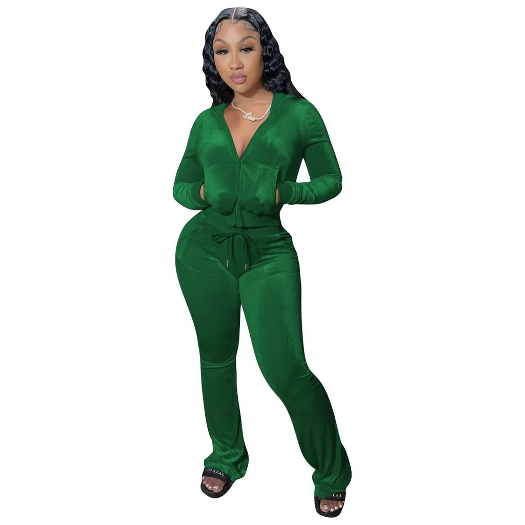 Hot Sale Fall Women's hoodie Set Zipper Pocket Crop Top Jacket Velvet Jogging suit Velour tracksuits Women Two Piece set