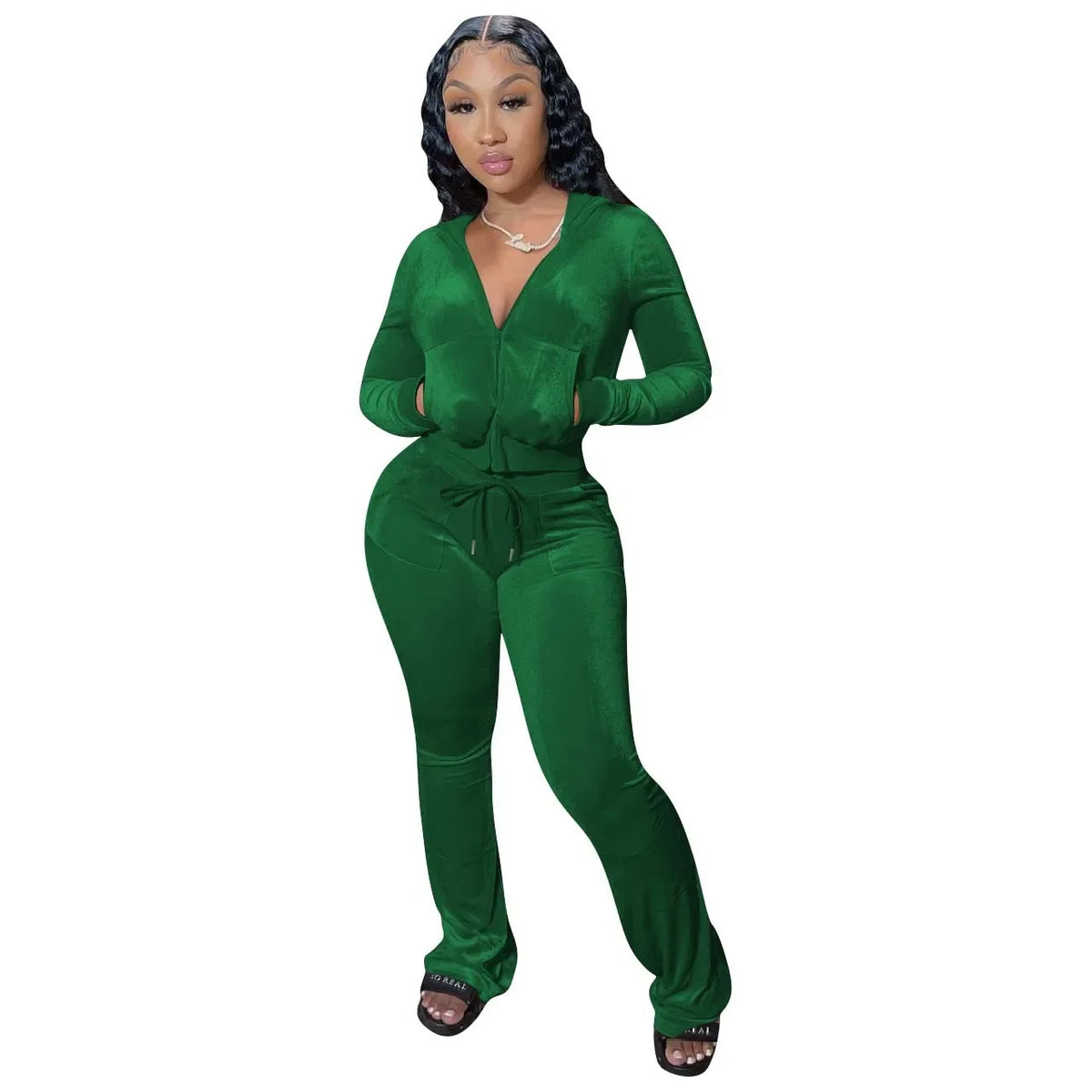Hot Sale Fall Women's hoodie Set Zipper Pocket Crop Top Jacket Velvet Jogging suit Velour tracksuits Women Two Piece set