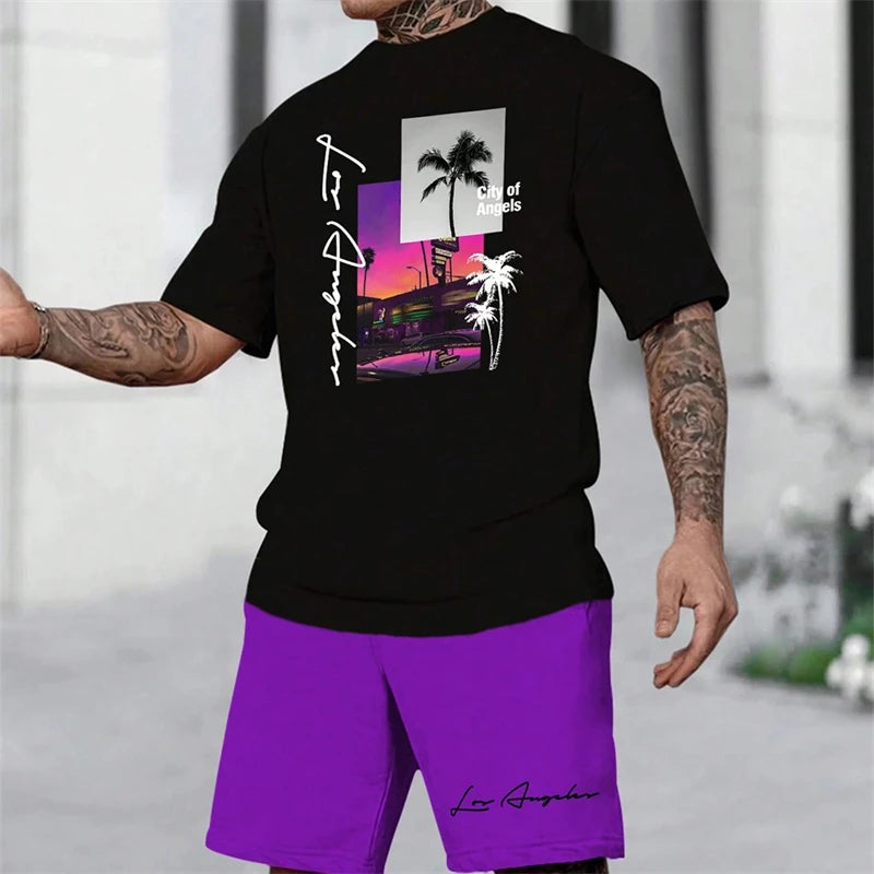 Summer New Men's Short-sleeved Hawaiian Print Two-piece Beach Vacation Breathable Short-sleeved With Drawstring Loose Shorts
