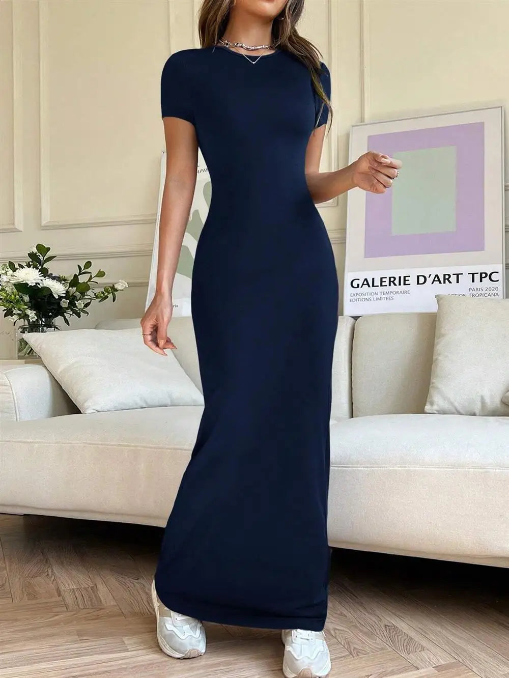Sexy Slim Fit Short Sleeve round Neck Dress Pure Color Long Dress for Women LinJ2026 Casual European Style mid Waist Skirt