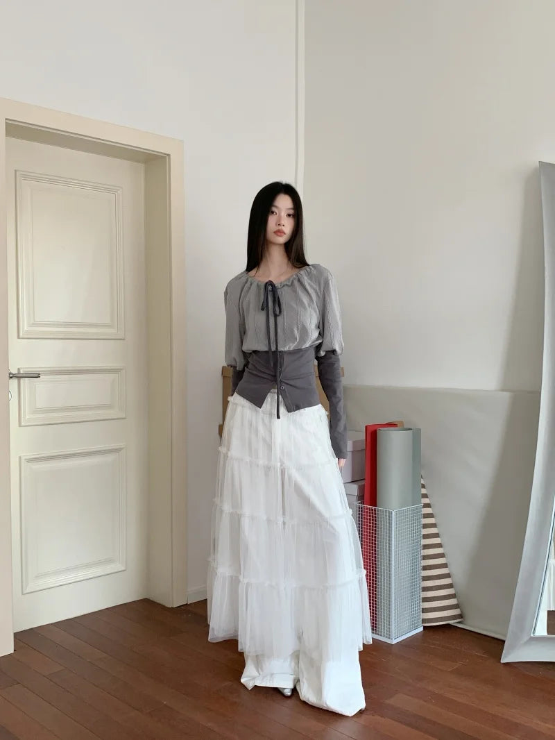 CHEERART Fall 2025 Designer Patchwork Long Sleeve Top And Blouse Autumn Clothing Woman Drawstring Tie Neck Fashion Clothes