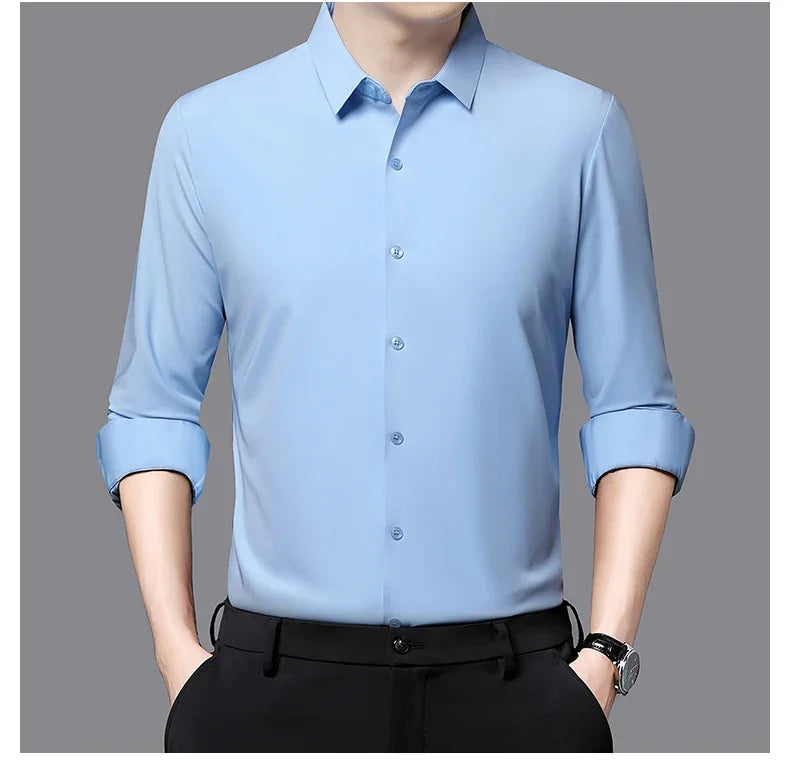 Seamless Anti-wrinkle Business Silky High Elastic Spandex Men's Long-sleeved Shirt Formal Social Non-iron Solid Color Casual