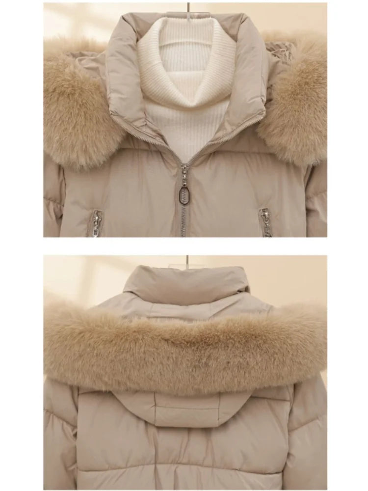 Korean Style Cropped Slim Fit Puffer Parka Women Detachable Faux Fur Trim Hood Thick Warm Zip Pockets Winter Casual Outfit 2026
