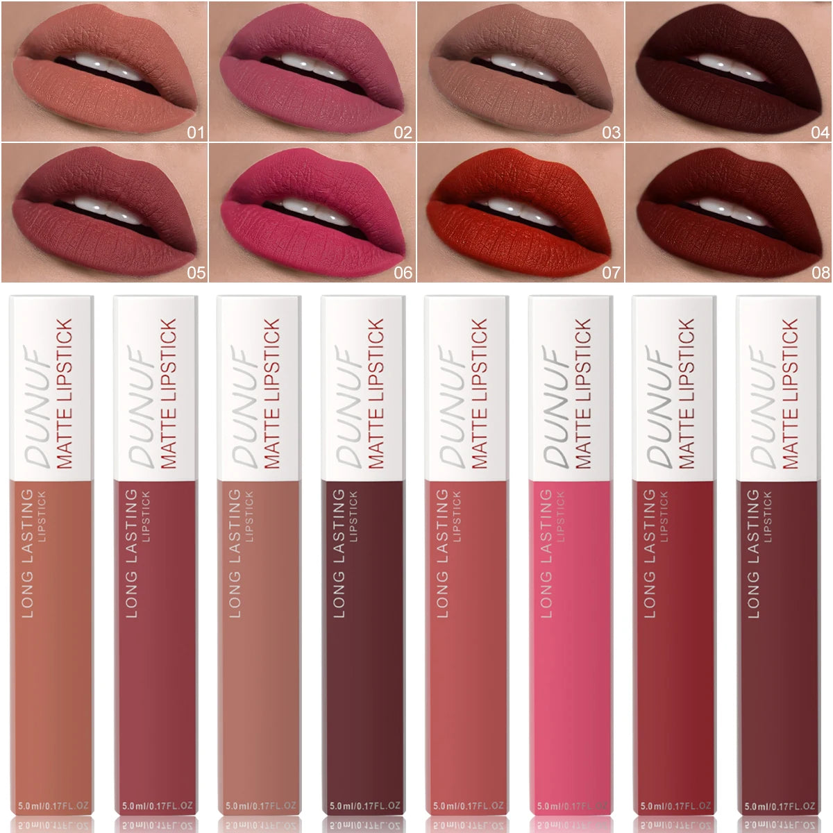 8Pcs/Set Matte Velvet Lip Gloss Long Lasting Nude Shades Non Fading Waterproof Sweatproof Lightweight Comfortable