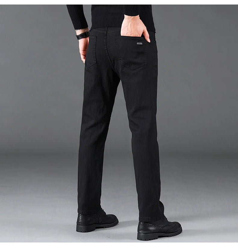OUSSYU Brand Classic Retro Blue Men's Jeans Denim Pants Work Streetwear Straight Stretch Business Autumn Winter Cotton Trousers