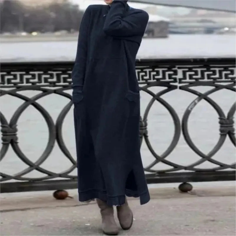Women's Maxi Dress Autumn Winter Fashion New Style Elegant Loose Long Sleeve Hoodie Retro Casual Thick Warm Dresses For Women
