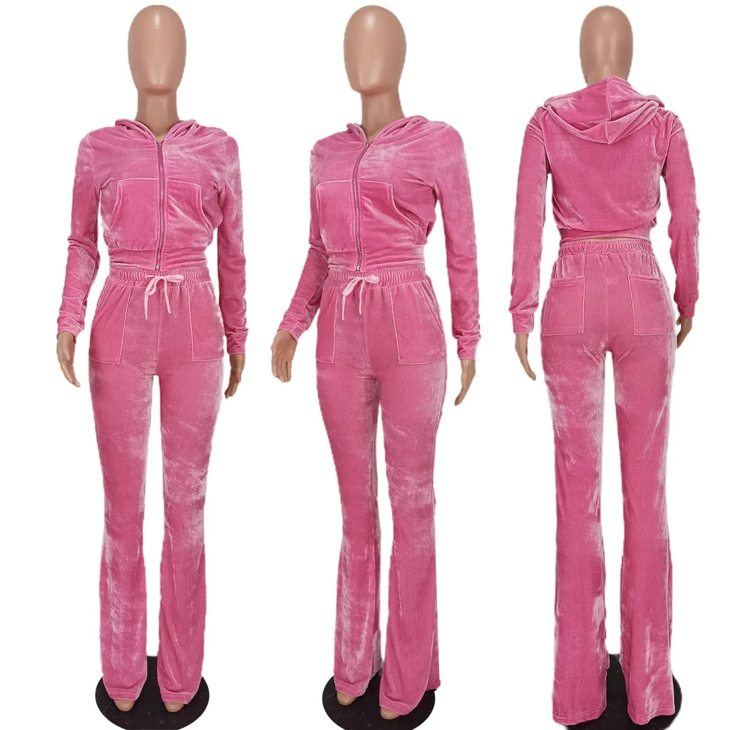 Hot Sale Fall Women's hoodie Set Zipper Pocket Crop Top Jacket Velvet Jogging suit Velour tracksuits Women Two Piece set