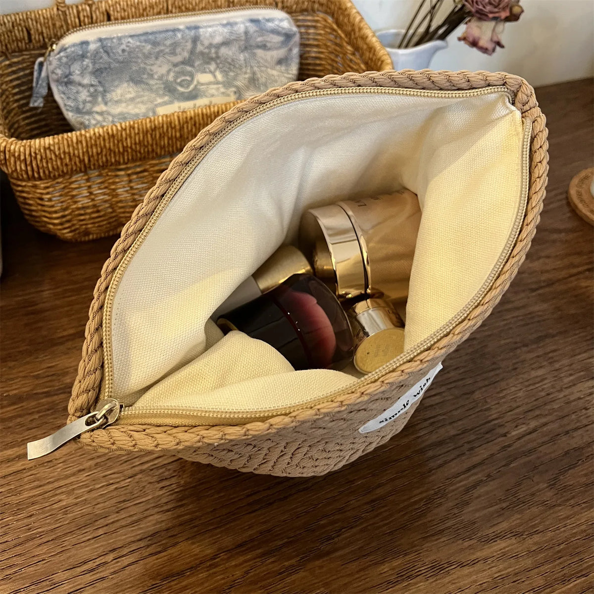 Handwoven Cotton Makeup Bag – Artistic Crochet Cosmetic Pouch with Zipper, Minimalist Clutch for Women
