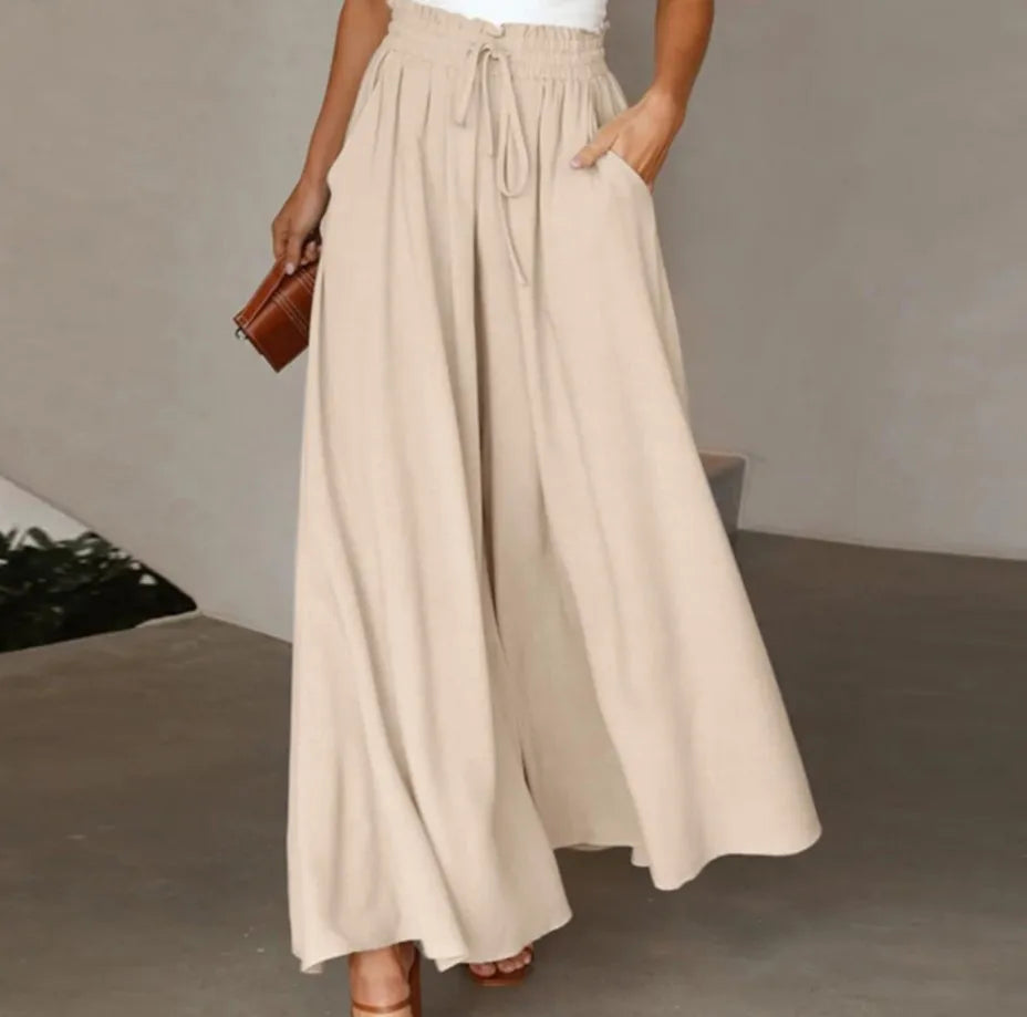 Summer Women Elastic High Waist Drawstring Solid Wide Leg Pants Loose Casual Flowy Pocket Trousers Female Daily Beach Long Pants