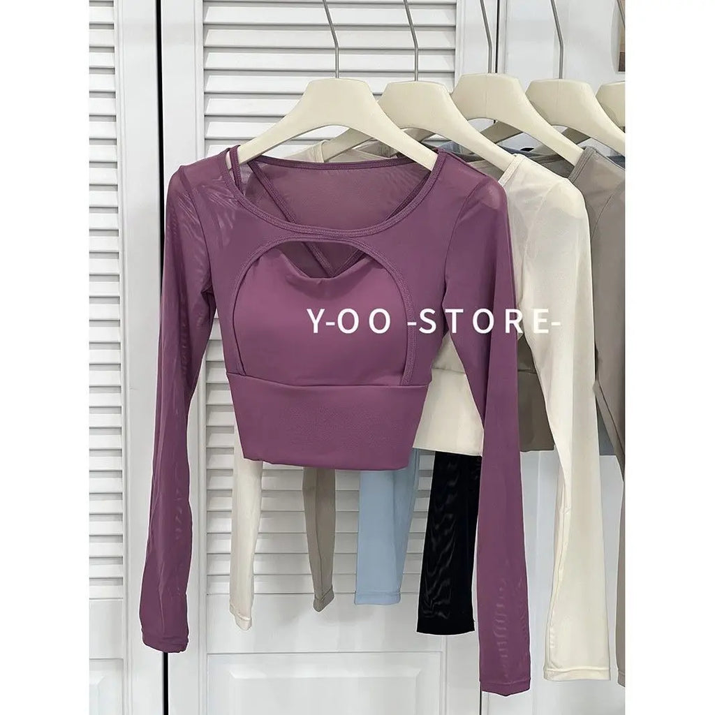 American Sle Yoga Clothes Long Sve T-irt Women Sexy Hollow out Me Splice Sports Fitn Top with Chest Pad