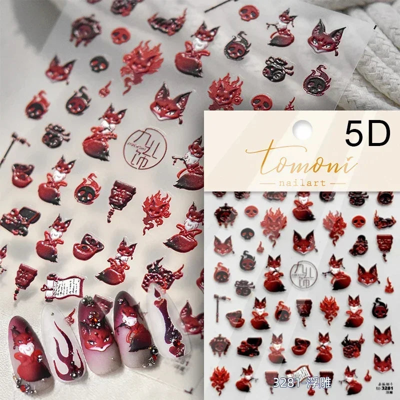 Elegant Chinese Charm Shiny Nine-tailed Fox Mask Red Equinox Flowers Tragedy Love Soft Reliefs Nail Art Stickers Manicure Decals