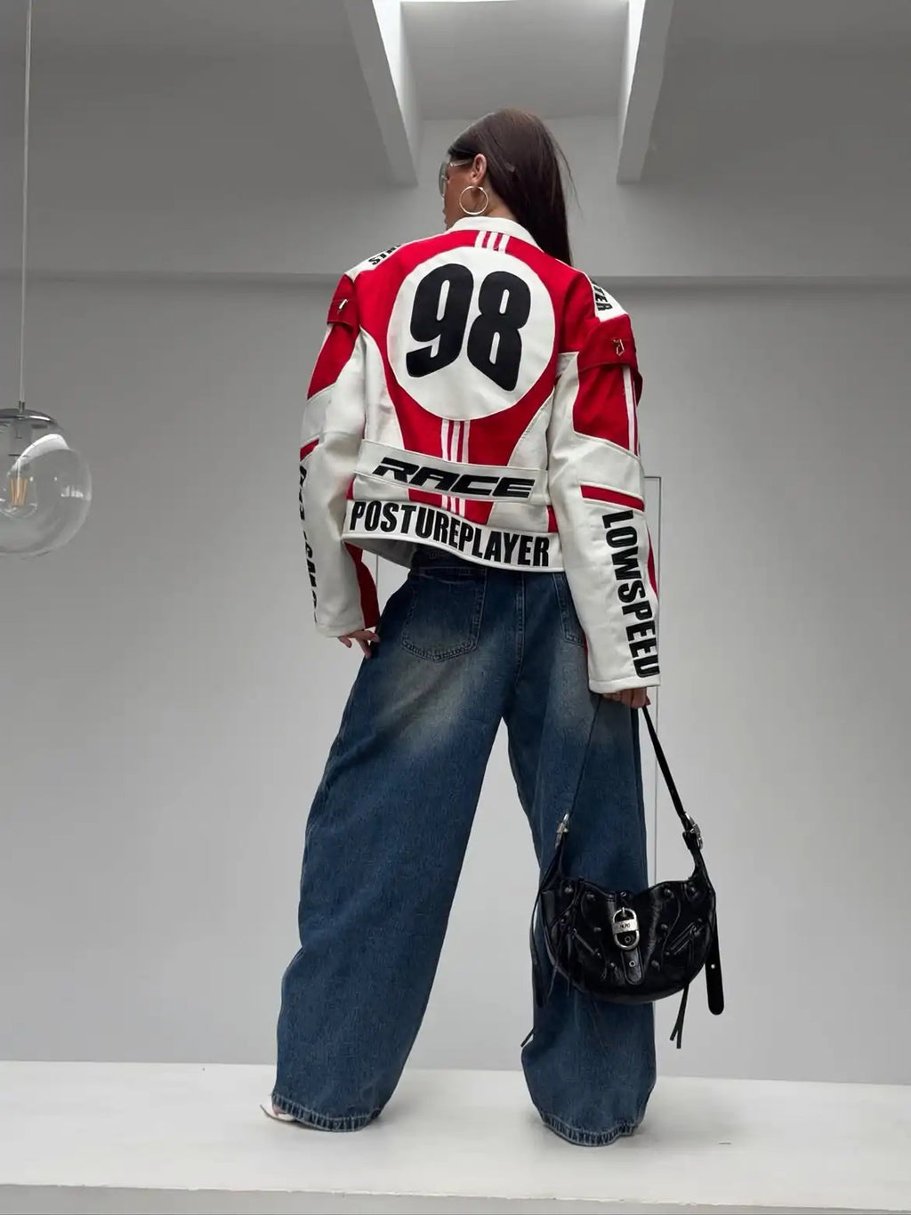 New Women Cropped Racing Jacket Red White Color Block Letter Print Zip Up Streetwear Moto Coat Women Hip Hop Daily Street Outfit