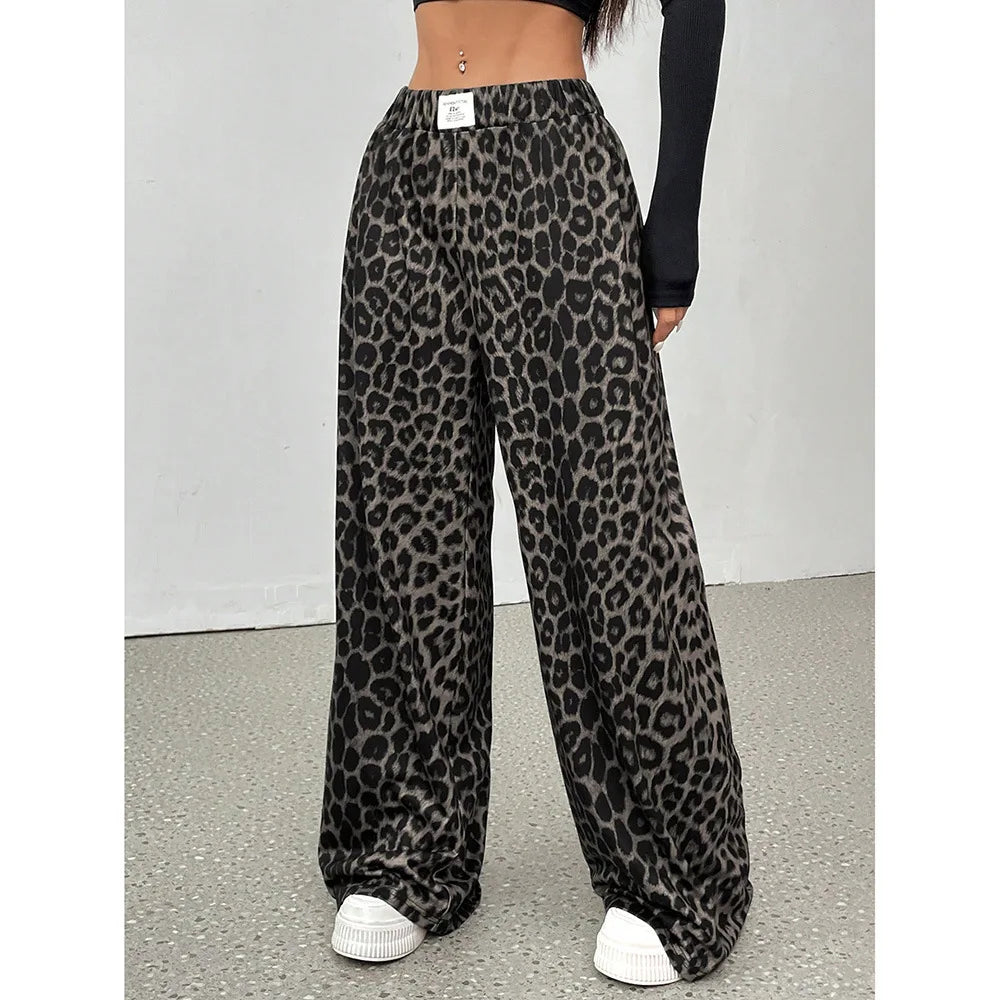 GG Women Leopard Print Wide Leg Pants Elastic High Waist Loose Casual Trousers Streetwear Y2K Fashion Long Palazzo Pants
