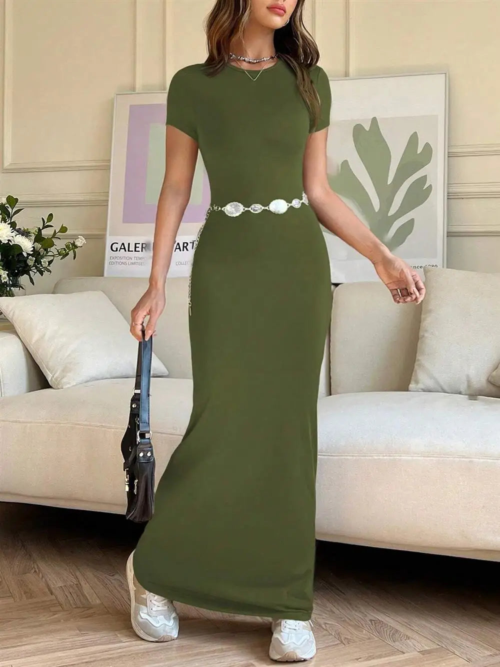 Sexy Slim Fit Short Sleeve round Neck Dress Pure Color Long Dress for Women LinJ2026 Casual European Style mid Waist Skirt