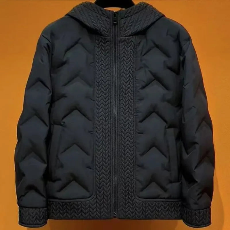Men's Autumn Winter Hooded Coat Patchwork Cotton Jacket Fashion Versatile Warm Parkas with Wheat Spike Design