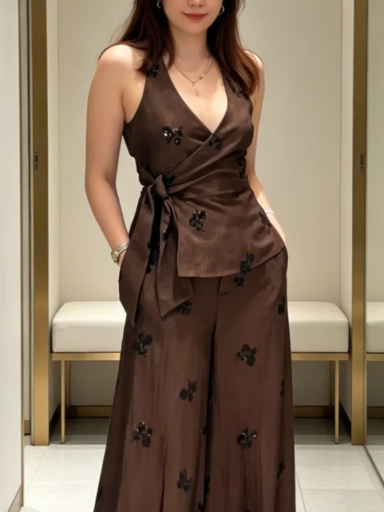 Fashion Floral Sequin 2-piece Outfit Women Tie Waist Wrap Sleeveless Top Wide Leg Pants 2026 Summer Lady Commute Street Outfits