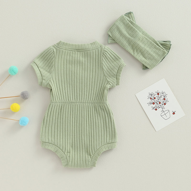 Newborn Baby Girl 2 Pcs Jumpsuits Clothing Suit Infant Summer Short Sleeve Knitted Romper with Bow Headband Set Toddler Clothes