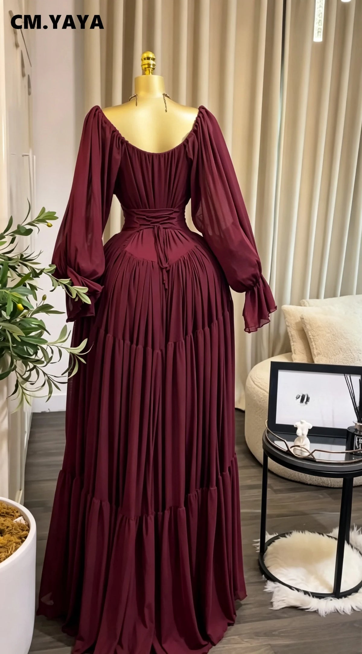 CM.YAYA 2026 Fall Winter Women Long Sleeve Slash Neck Long Maxi Dress Slim Evening Birthday Trendy Sexy Vacation Party Dresses