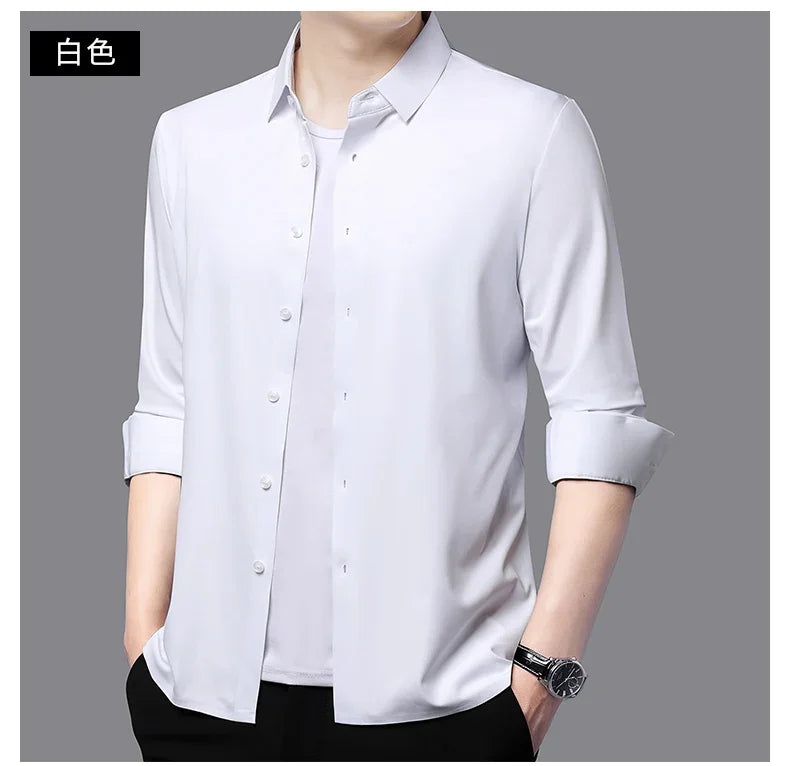 Seamless Anti-wrinkle Business Silky High Elastic Spandex Men's Long-sleeved Shirt Formal Social Non-iron Solid Color Casual