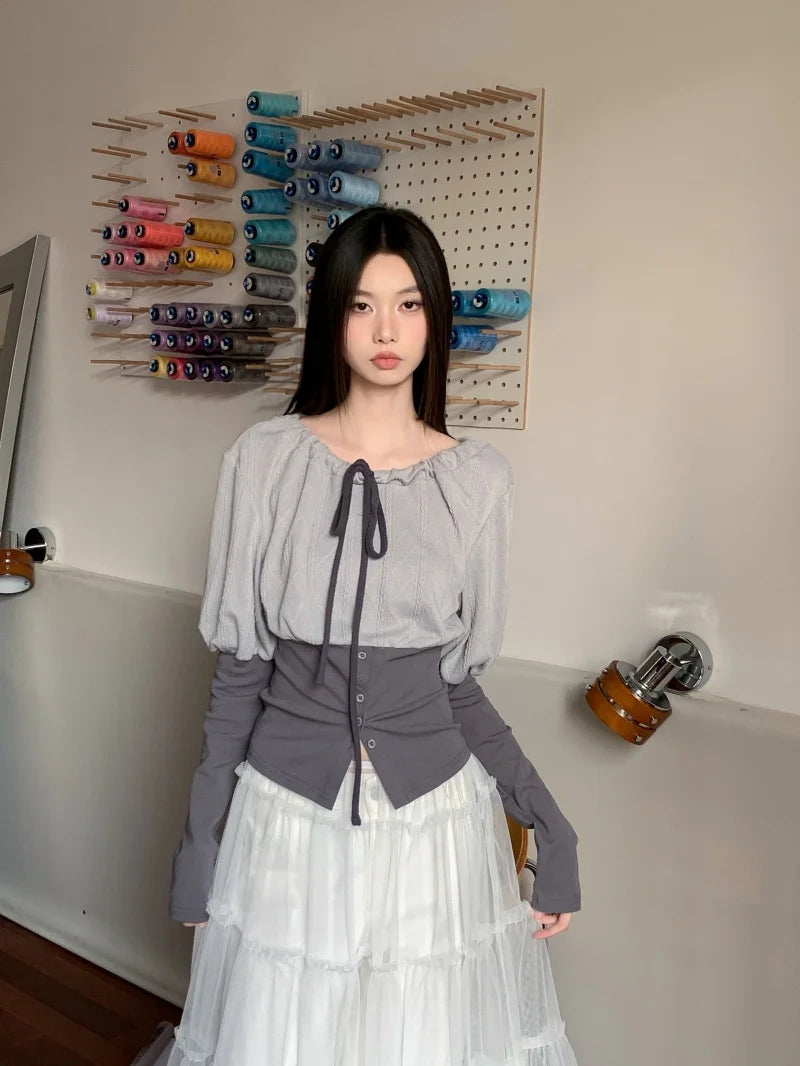 CHEERART Fall 2025 Designer Patchwork Long Sleeve Top And Blouse Autumn Clothing Woman Drawstring Tie Neck Fashion Clothes