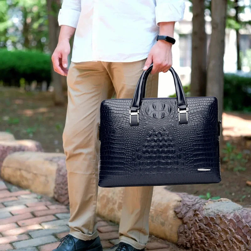 PU Leather Briefcase Bag Man Crocodile Alligator Tote Handbag Laptop 14 Computer Male Shoulder Business Messenger Portable Bag
