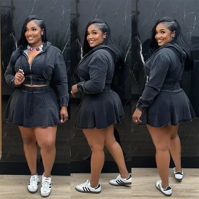 Streetwear Denim Set Woman Two Piece Outfit Casual Zipper Hooded Jacket Top and Mini Skirt Jeans Matching Sets Ensemble Femmes