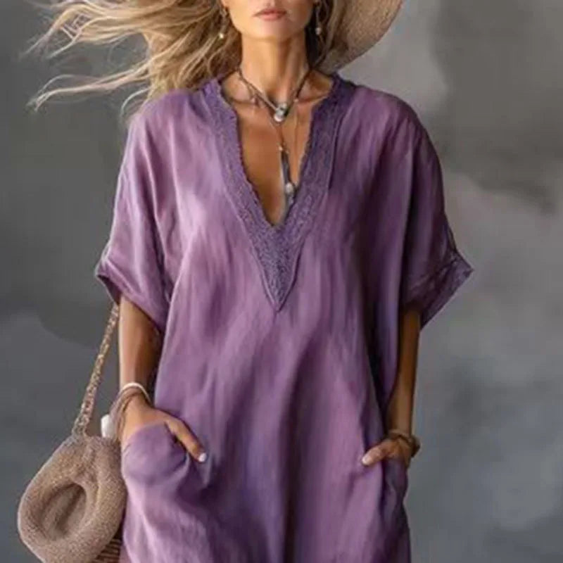 Women's Summer Boho Maxi Dress Spring V-Neck Lace Trim Short Sleeve Kaftan Dress Casual Loose Pocket Vacation Long Dress Vestido