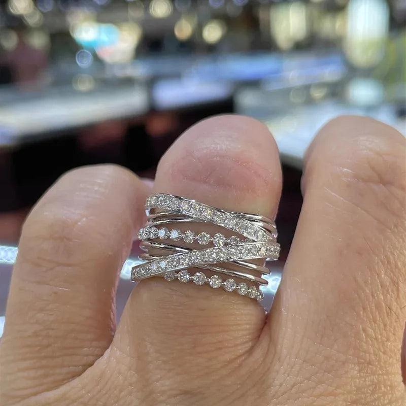 Huitan Luxury Women Rings Full Paved Sparkling Cubic Zirconia Fashion Cross Rings Silver Color Female Rings for Party Jewelry