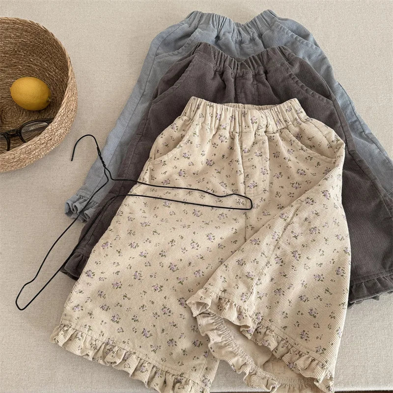 deer jonmi 2026 New Spring Baby Girls Wide Leg Pants Floral Printed Korean Style Corduroy Ruffles Toddlers Kids Casual Trousers