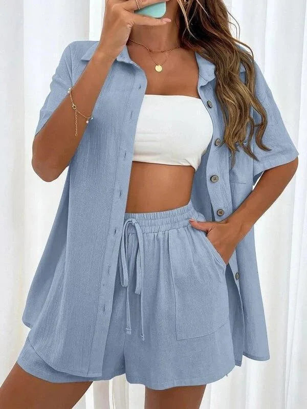 Solid Color Casual Fashion Loose Short Pants Sets For Women Elegant Summer Women's Long Sleeve Single breasted Two Pieces