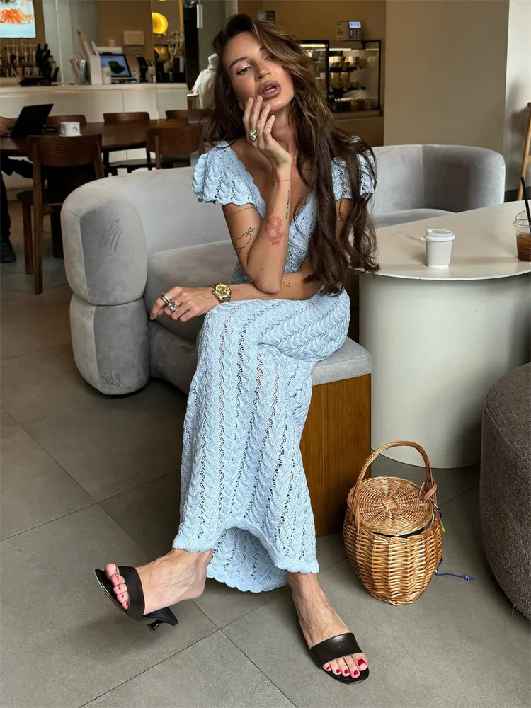 Tossy Ruffled Hollow Out Knit Long Dress Women V-Neck Fashion Patchwork See-Through Beach Holiday Dress Knitwear Female Dress