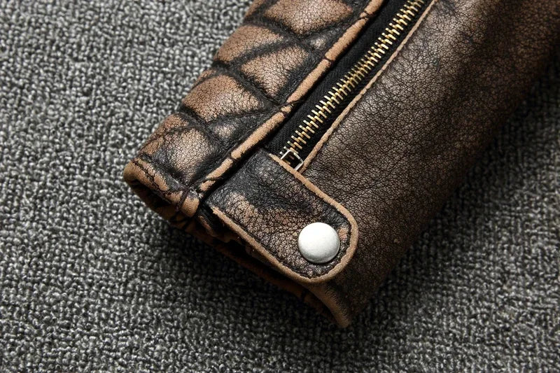 NEW Men's Vintage Motorcycle Jacket Stand Collar Natural Cowhide Jacket Classic Top Layer Cowhide Moto Suit Biker Clothing