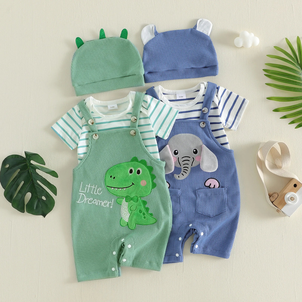 Citgeett Summer Infant Baby Boy Outfit Striped Short Sleeve Romper Cartoon Embroidered Overall Pants Hat Clothes Set