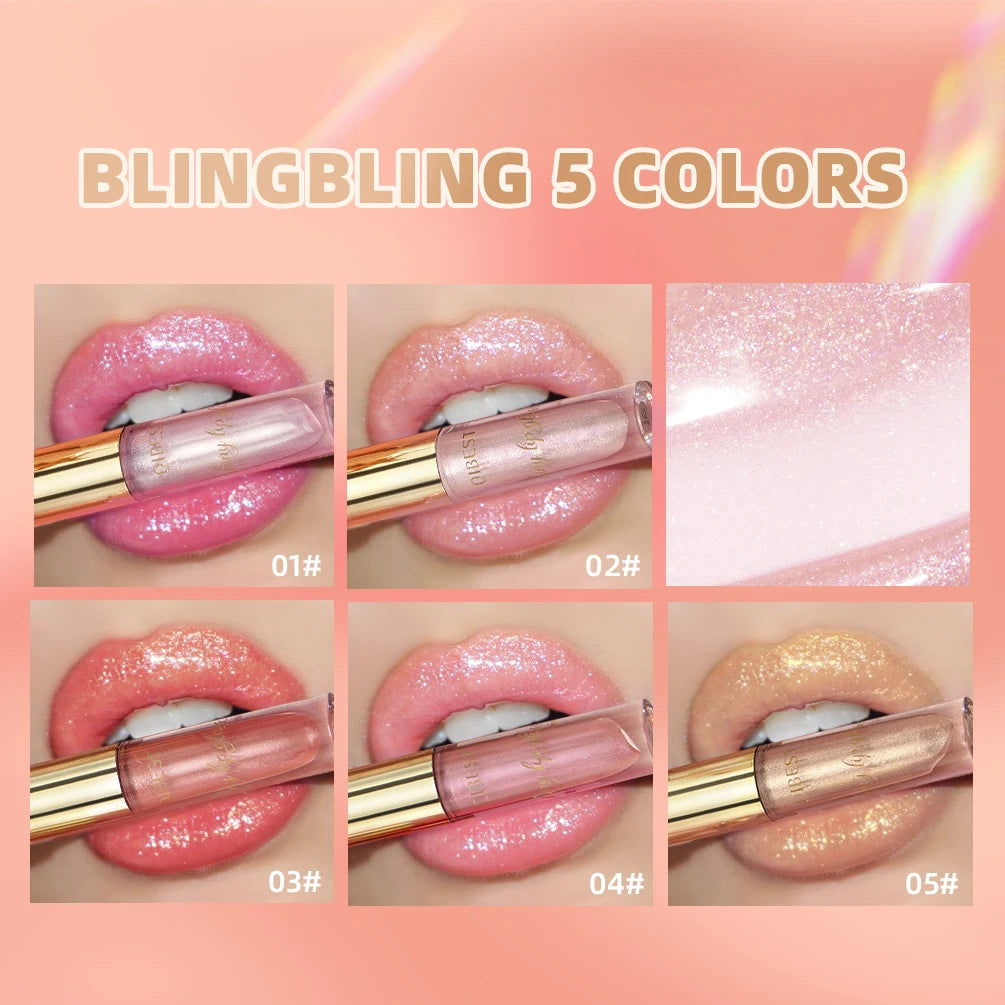 QIBEST 5 Colors Glitter Lip Gloss Long Lasting Diamond Pearlescent Metallic Liquid Lipstick Moisturizing Lip Glaze Tint Makeup