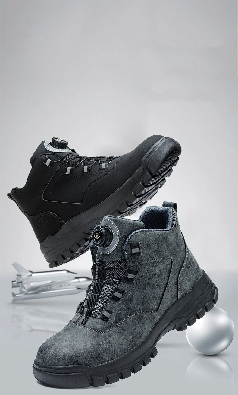 WOUDHONY Work Shoes Men Anti-smashing Anti-puncture Safety Shoes Rotating Buttons Autumn Winter Protective Work Safety Boots