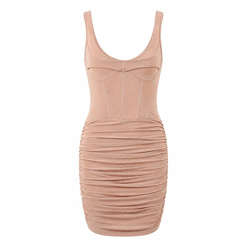 Sexy Slim Fishbone Mini Dresses Women's 2026 Summer Solid V-neck Pleated Sleeveless Bodycon Dress Fashion Lady Party Club Gowns