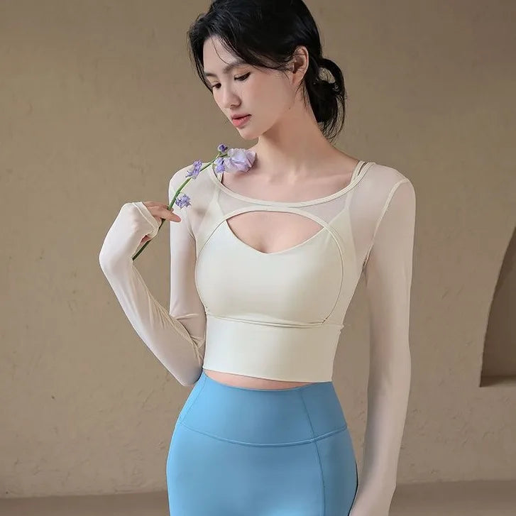 American Sle Yoga Clothes Long Sve T-irt Women Sexy Hollow out Me Splice Sports Fitn Top with Chest Pad