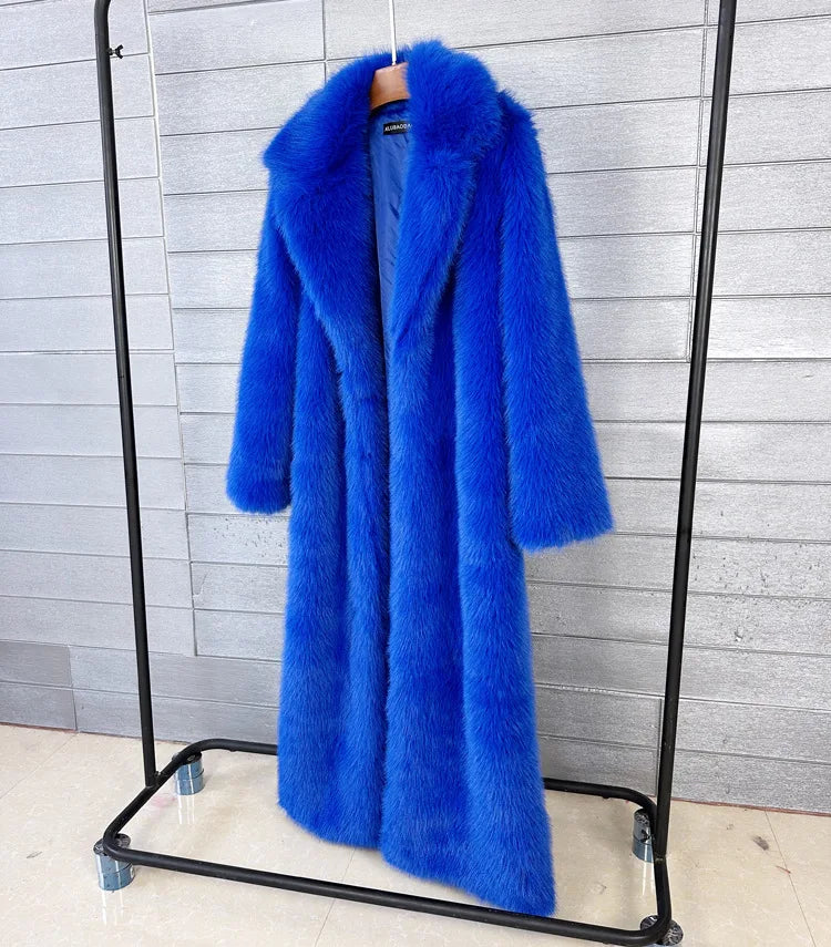 Long Faux Fur Coat Women Autumn Winter Large Jacket Overcoat White Turn Down Collar Pockets Thick Coat Warm Jackets Maxi Coats