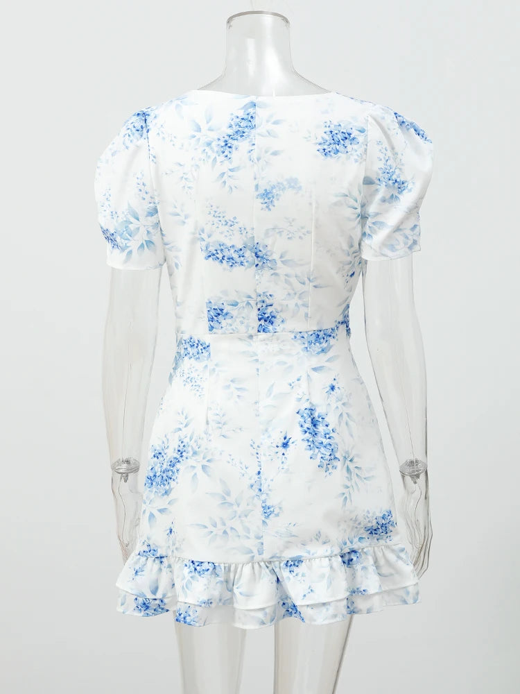 Elegant Print Low-cut Ruffle Short Dress Women V-neck Short-sleeved Waist Cinching Pleated Mini Dresses Casual Party Vestidos