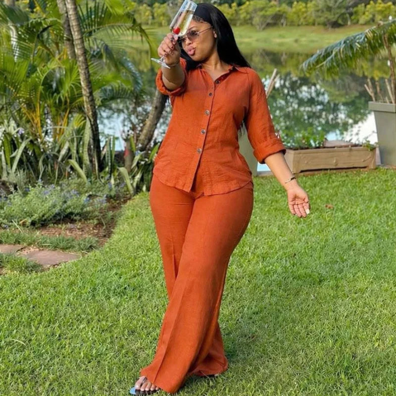 Elegant Chic Casual African Fahsion Women Two Piece Set Solid Color Single Breasted Shirt And Pants Set Outfits