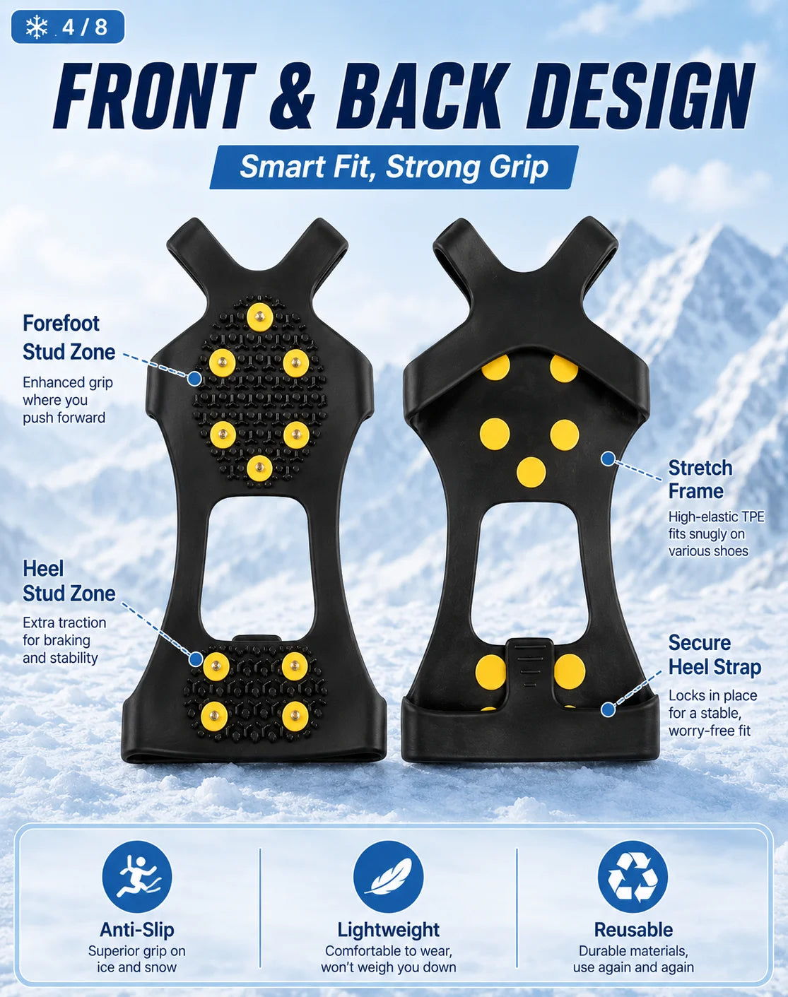 Anti Slip Ice Cleats Shoe Covers 10 Stud Snow Grips Winter Traction Crampons for Boots Hiking Walking Outdoor Safety Gear Unisex
