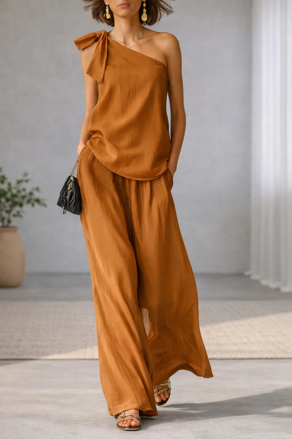 Summer Sexy Off Shoulder Tank Tops And Wide Leg Pants Two Piece Sets Casual Loose Solid High Waist Pants Sets Lace Tops Outfits