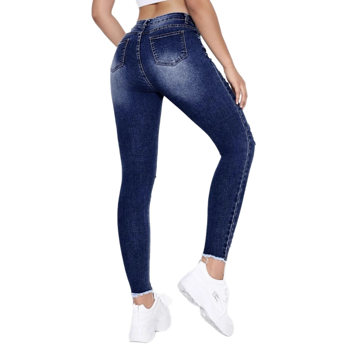 New In Women Fashion Mid Waist Ripped Hole Jeans Casual High Street Denim Pants Sexy Frayed Slim Fit Pencil Pants for Women