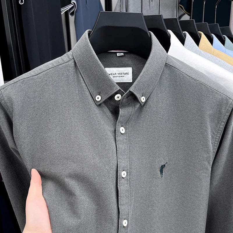 High End 100% Pure Cotton Long Sleeved Men's 2026 Spring Fashion Solid Color Business Casual Small Horse Logo Shirt