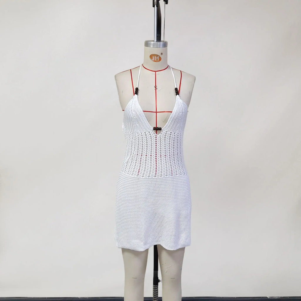 2026 Women's Sexy Hollow-Out Backpack Hip-Revealing Halter Neck Suspender Strap Knit Beach Dress Women Dress Elegant Fashion