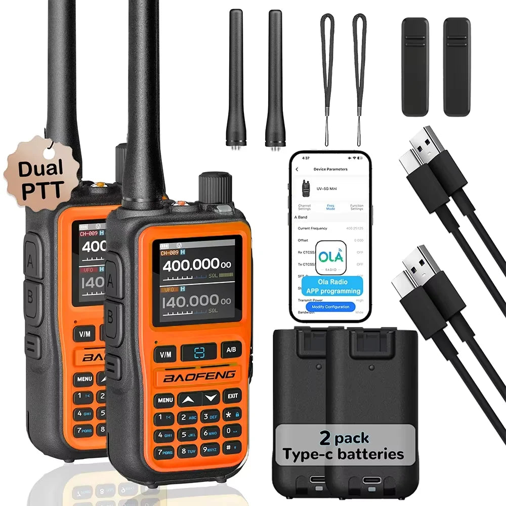 2 Pack BAOFENG UV-5R Mini Dual Band Two-Way Radio (5W/999CH) - Bluetooth APP Programming, NOAA Alert, Type-C Fast Charging
