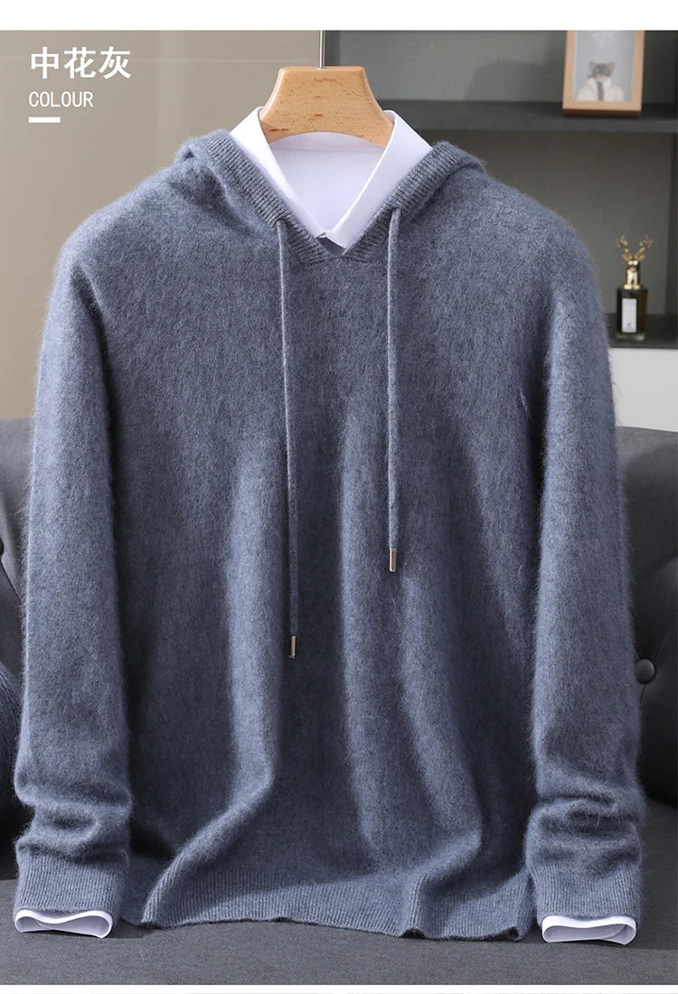 LHZSYY 100% Pure Mink Cashmere Hooded Sweater Men's Hooded Knitted Pullover Business Casual Loose Hoodie Autumn Bottoming Shirt