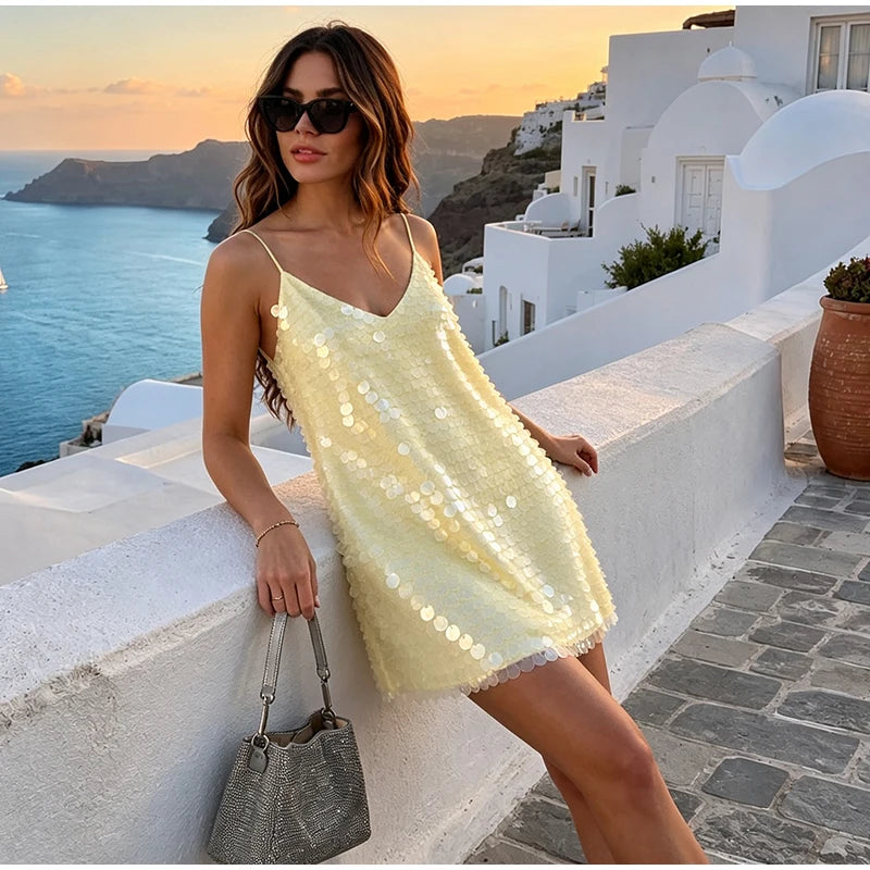 Sexy Lace Sequined Patchwork Dress Women Solid Sling Hollow Out Female Mini Dresses 2026 Summer Autumn Beach Fashion Lady Robe