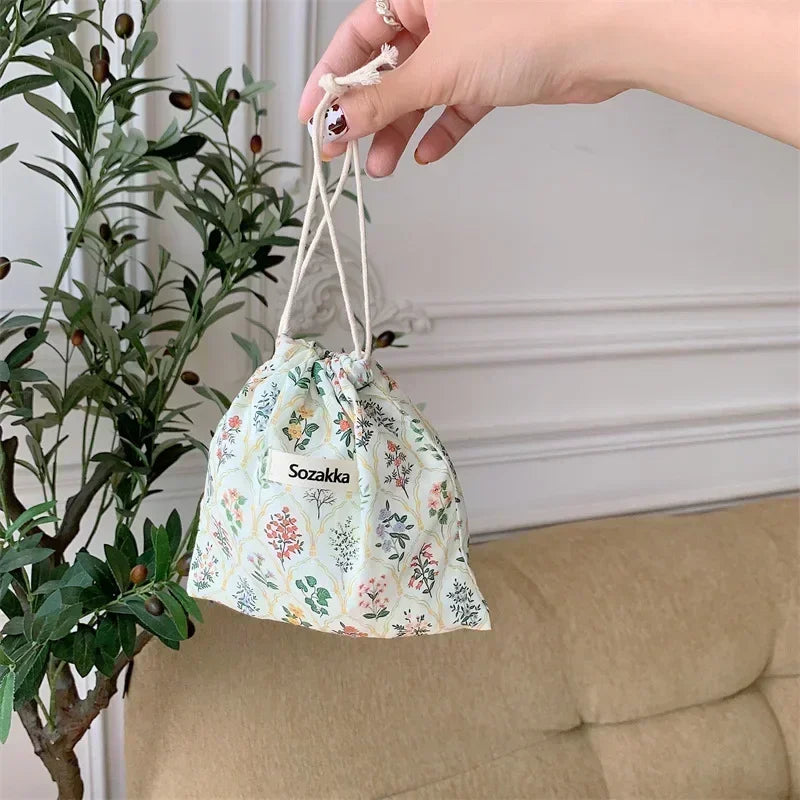Kawaii Cloth Floral Drawstring Storage Bag Cosmetic Organizer for Women Makeup Handbags Wallet Small Pouch
