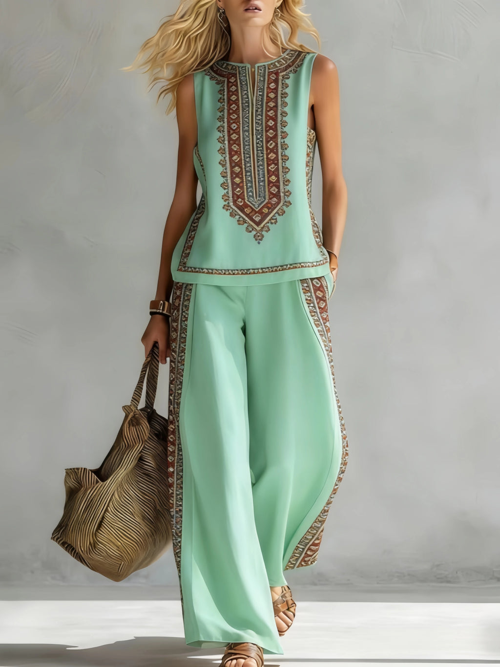 Fashion Retro Printed Sleeveless Tops Trousers 2-piece Set Women's Summer Casual Vest Loose Wide Leg Trousers Female Suit Pocket